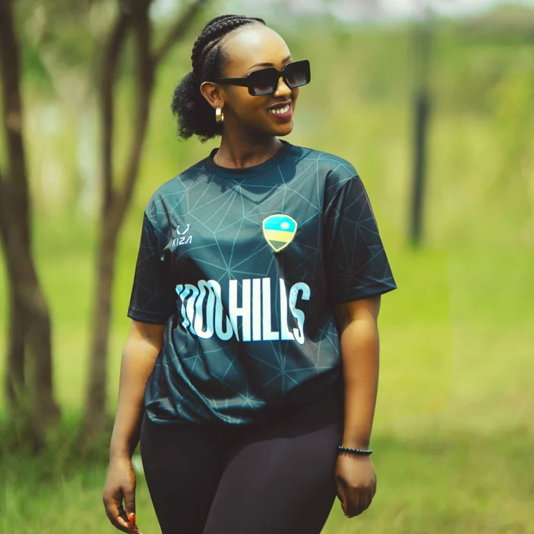 Female model wearing KIZA 1000 HILLS Black Line football jersey