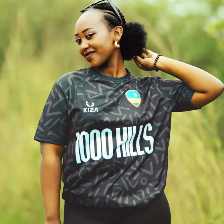 Woman wearing 1000 HILLS BLACK FORM jersey by KIZA in Kigali, Rwanda