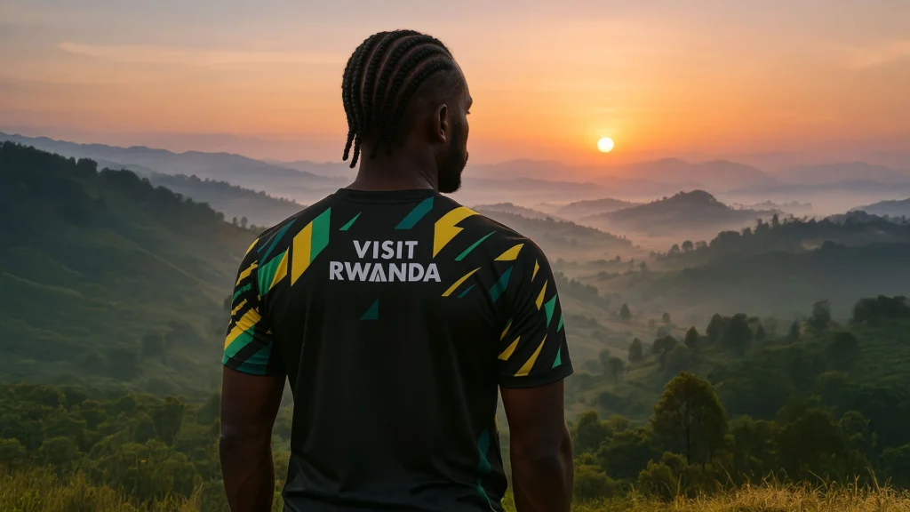 kiza-cultural-pride-hills-rwanda Proud Rwandan man in traditional KIZA fashion walking through the hills of Rwanda at sunrise