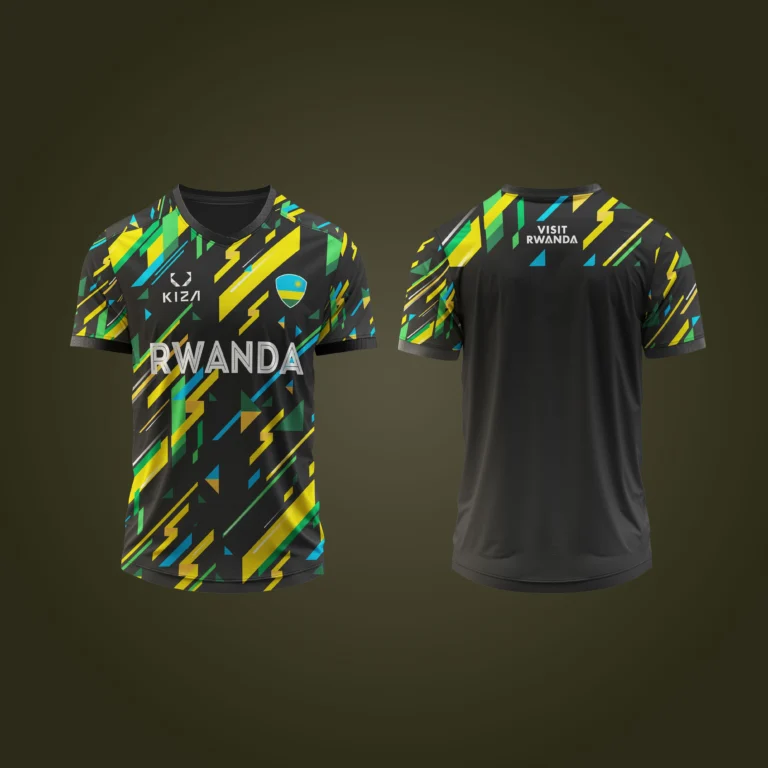 Front and back view of KIZA Season 2 Rwanda football jersey with Visit Rwanda logo