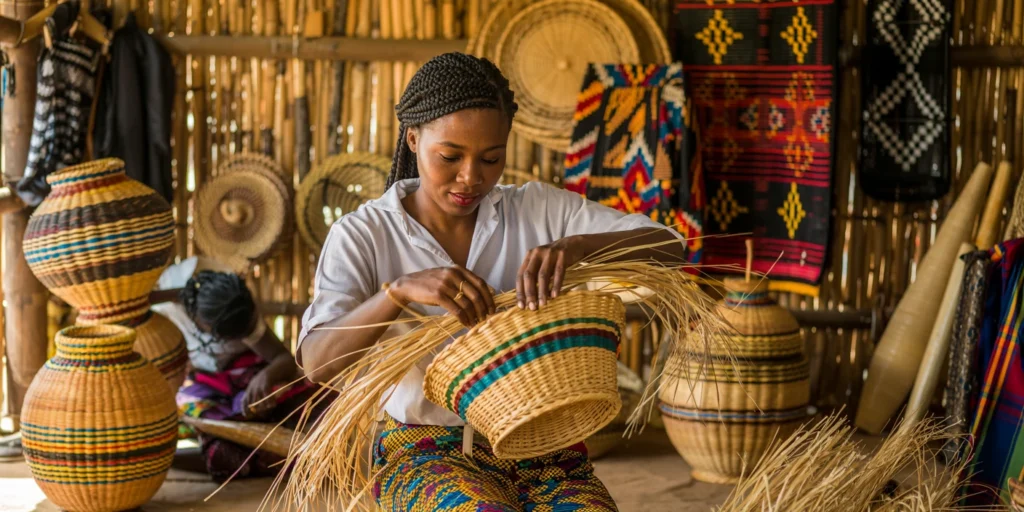 rwanda-artisans-market-local-crafts Rwandan artisans crafting and selling traditional products at local market
