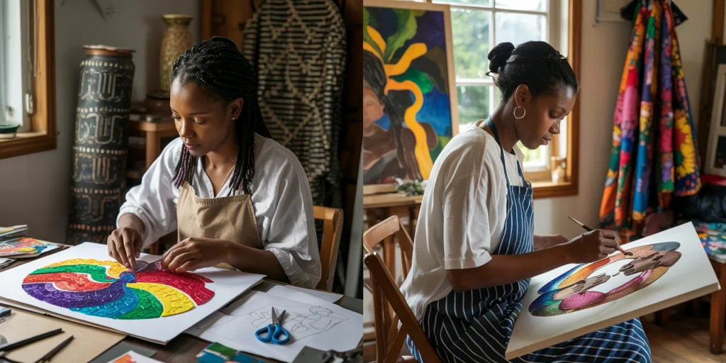 rwandan-female-artists-collage-painting Rwandan women artists creating collage and paintings addressing social issues