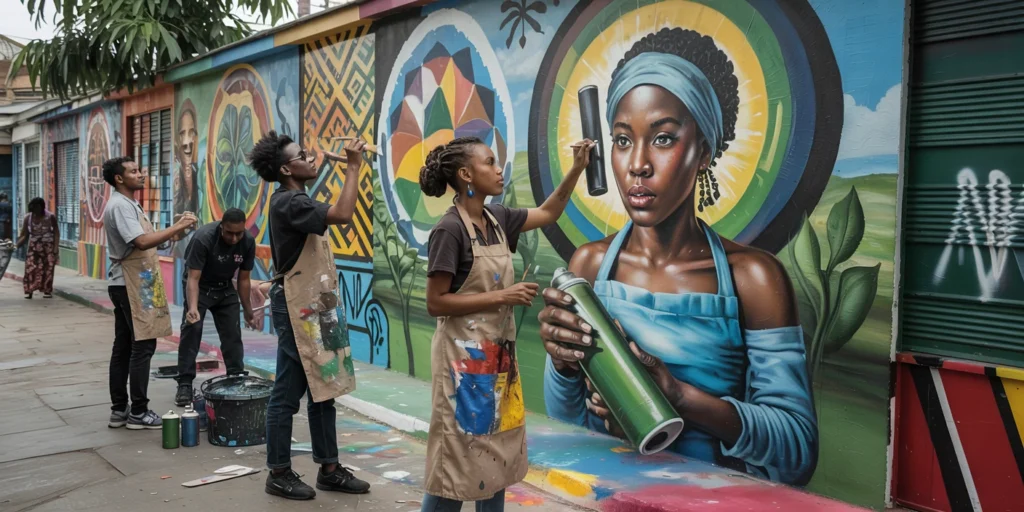 young-artists-kigali-mural-rwanda Young Rwandan artists painting cultural mural in Kigali, blending tradition and modern expression