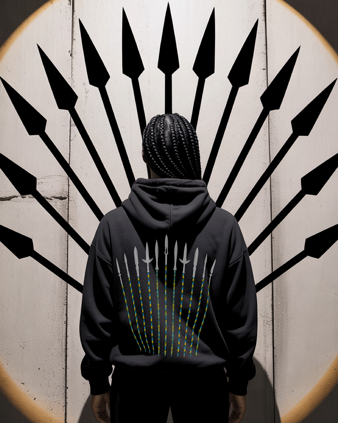 Model wearing KIZA Spears hoodie limited edition made in Rwanda streetwear